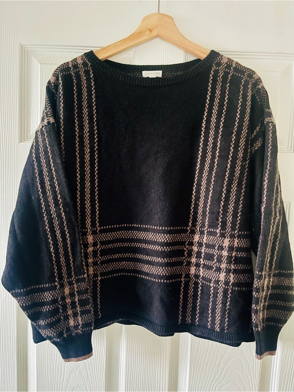 Garnet Hill Black Sweater with Taupe Plaid Crewneck